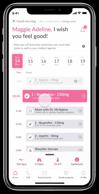 Monitor app interaction — medication reminder flow animated